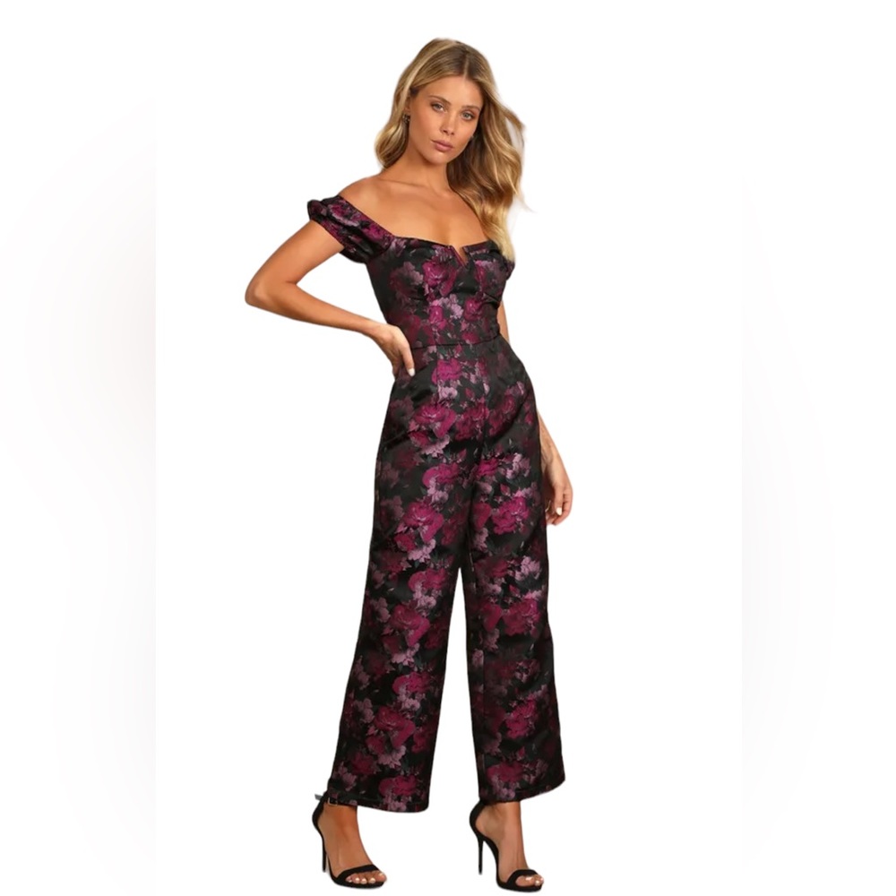 NWT Lulus Black Purple Floral Jacquard Bustier Wide Leg Off-Shoulder Jumpsuit